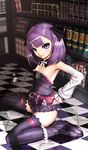  a00 armpits bare_shoulders black_legwear book checkered checkered_floor detached_sleeves fate/grand_order fate_(series) flat_chest helena_blavatsky_(fate/grand_order) highres looking_at_viewer purple_eyes purple_hair short_hair sitting smile solo strapless thighhighs tree_of_life wariza white_sleeves 