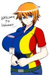  1girl ahrs blue_eyes breasts female huge_breasts nametag orange_hair simple_background solo text uniform white_background 