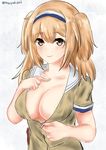  absurdres blush breasts cleavage collarbone hairband highres i-26_(kantai_collection) kantai_collection large_breasts light_brown_eyes light_brown_hair long_hair looking_at_viewer naked_coat nozoyuki sailor_collar short_sleeves sketch solo twitter_username two-tone_hairband two_side_up unzipping 
