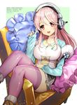  2016 bad_id bad_pixiv_id bangs blush boots breasts character_name commentary_request dated fur_trim gambe happy_birthday headphones highres large_breasts long_hair long_sleeves looking_at_viewer nitroplus open_mouth pink_hair pink_legwear raglan_sleeves red_eyes sitting sleeves_past_wrists smile solo super_sonico thighhighs 