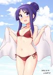  2016 artist_name bikini breasts cloud dated day eyebrows eyebrows_visible_through_hair groin hair_bun highres hinata_yukari hirame_guard long_hair lowleg lowleg_bikini navel open_mouth outdoors purple_eyes purple_hair red_bikini side-tie_bikini sidelocks sky small_breasts solo standing swimsuit towel yuyushiki 