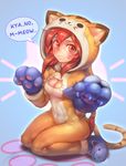  animal_costume animal_ears blush breasts cat_cutout cat_ears cat_slippers cleavage cleavage_cutout commentary cosplay english_commentary full_body gloves highres kigurumi league_of_legends maokai medium_breasts meowing paw_gloves paw_pose paws phantom_ix_row red_eyes red_hair shiny shiny_hair shiny_skin shyvana sitting skin_tight slippers solo tail wariza whisker_markings 