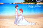  1girl alain_(pokemon) ara_(sora-ageha) beach bride brown_eyes couple day dress flower groom hair_flower hair_ornament hetero holding_hands long_hair manon_(pokemon) ocean photo_background pokemon pokemon_(anime) purple_eyes purple_hair red_hair short_hair tree wedding wedding_dress white_dress 