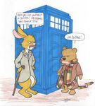  2013 anthro barefoot bear cane coat crossover disney doctor_who duo hands_on_hips lagomorph low_res mammal pooh_bear rabbi-tom rabbit rabbit_(winnie_the_pooh) scarf simple_background size_difference tardis winnie_the_pooh_(franchise) 