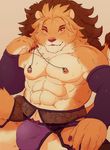  2016 abs anthro biceps blush brown_hair bulge clothed clothing feline fur girly hair japanese korosuke legwear lingerie lion makeup male mammal muscular muscular_male nipple_piercing nipples pecs piercing simple_background solo 