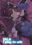  animal_print bangs bodysuit breasts brown_eyes brown_hair bubble_blowing bunny_print character_name charm_(object) chewing_gum d.va_(overwatch) english facepaint facial_mark finger_on_trigger gun handgun headphones high_collar highres holding holding_gun holding_weapon long_hair looking_at_viewer lying meka_(overwatch) overwatch pilot_suit pistol ribbed_bodysuit shoulder_pads skin_tight small_breasts solo swept_bangs upper_body v weapon whisker_markings yu_xiang_qiezi 