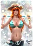  artist_name bangle bangs bare_shoulders bikini bikini_top bracelet breasts collarbone cowboy_shot denim eyelashes green_bikini groin hands_up hat hat_ribbon highres jeans jewelry large_breasts long_hair looking_at_viewer nami_(one_piece) navel nose one_piece orange_eyes orange_hair over_shoulder pants parted_lips pink_lips red_ribbon ribbon skull_and_crossbones smile solo staff stomach straw_hat swimsuit tattoo tecnomayro water_drop weapon weapon_over_shoulder 