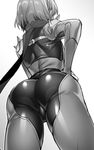  ass bodysuit from_behind greyscale hizuki_akira monochrome niijima_makoto persona persona_5 scarf shoulder_spikes solo spikes 