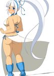  ass back bangs blue_eyes blunt_bangs blush breasts butt_crack gloves highres large_breasts long_hair majikina_mina mirano panties ponytail samurai_spirits sarong silver_hair single_glove snk solo thong underboob underwear very_long_hair white_background white_hair wind wind_lift 