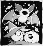  fangs food gen_1_pokemon greyscale hat ink_(medium) jack-o'-lantern monochrome no_humans oddish open_mouth pokemon pokemon_(creature) smile star starry_background traditional_media witch_hat zombiedaisuke zubat 