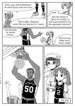  3girls adrian_ferrer akigumo_(kantai_collection) basketball basketball_hoop basketball_uniform color_guide comic commentary dark_skin dark_skinned_male david_robinson dunk english facial_hair female_admiral_(kantai_collection) glasses greyscale grin hair_ribbon hair_tie height_difference high_ponytail highres kantai_collection monochrome multiple_girls national_basketball_association playing_sports pointing real_life ribbon ryuujou_(kantai_collection) salute san_antonio_spurs short_hair smile sport sportswear tanaka_setsuko twintails what 