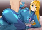  1boy 1girl ass bed blonde_hair blue_eyes breasts censored clothed_female_nude_male frown hair_between_eyes handjob long_hair looking_at_viewer metroid nintendo on_side penis ponytail samus_aran sweat umayahara0130 zero_suit 