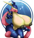  &lt;3 4_fingers alpha_channel amphibian anthro big_breasts blush breasts female frog greninja hand_in_hair huge_breasts hyper hyper_breasts megustalikey nintendo pok&eacute;mon sea simple_background solo tongue tongue_out video_games water 