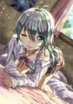  antenna_hair aqua_eyes aqua_hair barefoot blush bow bowtie brown_skirt closed_mouth collarbone collared_shirt curtains day denpa_onna_to_seishun_otoko eyebrows eyebrows_visible_through_hair floral_print full_body hair_between_eyes highres indoors long_hair looking_at_viewer nose_blush off_shoulder one_eye_closed pleated_skirt poster_(object) red_bow red_neckwear school_uniform shirt skirt sleeves_past_wrists solo touwa_erio white_shirt window wing_collar zawaty 