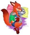 2016 3_toes anthro bed bird&#039;s-eye_view canine claws clothing cuddling cute digital_media_(artwork) dipstick_tail disney duo embrace eyes_closed female fox fur gloves_(marking) hi_res high-angle_view judy_hopps lagomorph larger_male long_ears lying male mammal markings midriff multicolored_tail nick_wilde on_bed on_side panties pillow rabbit ritka shirt shorts simple_background size_difference sleeping smaller_female smile socks_(marking) spooning toe_claws toes tush underwear zootopia 