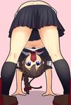  ahoge all_fours ass black_legwear black_skirt blue_eyes blush_stickers braid breasts brown_footwear brown_hair butt_crack hair_between_eyes hair_ornament highres jovejun kantai_collection kneehighs kneepits loafers long_hair looking_at_viewer looking_back looking_through_legs medium_breasts necktie pleated_skirt red_neckwear sailor_collar shigure_(kantai_collection) shoes skirt solo upshirt upside-down 