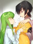  1girl bangs black_hair black_hat blue_shirt blush c.c. cheese-kun closed_eyes closed_mouth code_geass couple creayus expressionless eyebrows_visible_through_hair fingernails from_side gradient gradient_background green_hair hat heart height_difference hetero holding jealous lelouch_lamperouge long_hair long_sleeves pouty_lips purple_eyes shirt sidelocks sleeves_past_wrists straight_hair upper_body 