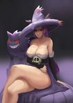  arm_warmers atorot bare_shoulders breasts cleavage cosplay crossed_legs dragon's_crown duskull gen_1_pokemon gen_3_pokemon gen_4_pokemon gengar hat highres large_breasts long_hair looking_at_viewer md5_mismatch melissa_(pokemon) mismagius pokemon pokemon_(creature) pokemon_(game) purple_eyes purple_hair purple_hat sitting sketch smile sorceress_(dragon's_crown) sorceress_(dragon's_crown)_(cosplay) 