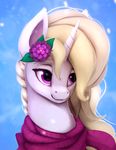  animated blonde_hair equine eyelashes female feral fur hair horn mammal no_sound pink_eyes rodrigues404 scarf smile snow snowing solo unicorn white_fur 