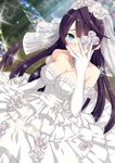  absurdres black_hair blue_eyes breasts bridal_veil chuunibyou cleavage dress elbow_gloves eyepatch flower gloves hand_on_own_face highres large_breasts long_hair rose smile solo sparkle strapless strapless_dress veil wedding_dress weshika white_dress 