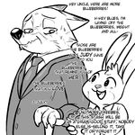  anthro black_and_white blueberry_(fruit) canine clothed clothing dialogue disney duo english_text female food fox fruit july_hopps_(mistermead) lagomorph male mammal monochrome nick_wilde rabbit replytoanons text zootopia 