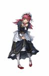  1girl apron dress full_body goggles goggles_on_head green_eyes maid official_art pink_hair red_shoes selema_seolla_oxtin simple_background solo super_robot_wars super_robot_wars_the_lord_of_elemental white_legwear 