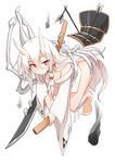  :&lt; armor arrow bandaged_leg bandages bare_arms bare_shoulders bone breasts cleavage closed_mouth copyright_request fletches horns japanese_armor long_hair long_sleeves looking_at_viewer object_riding off_shoulder red_eyes senhappyaku simple_background small_breasts solo sword weapon white_background white_hair wide_sleeves 
