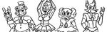  animatronic baby_(fnafsl) ballerina ballora_(fnafsl) black_and_white bow_tie breasts canine clothing crossgender eyelashes eyes_closed female five_nights_at_freddy&#039;s fox funtime_foxy_(fnafsl) funtime_freddy_(fnafsl) girly half-closed_eyes hat humanoid inkyfrog lagomorph machine male mammal microphone monochrome open_mouth pigtails puppet_bonnie_(fnafsl) rabbit robot sister_location skirt smile video_games 