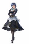  1girl bangs banpresto black_legwear blue_hair brown_eyes corset crossed_arms dress full_body high_heels maid ocyura_zania_biflazba official_art simple_background solo super_robot_wars super_robot_wars_the_lord_of_elemental 