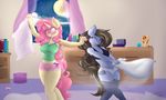  2016 anthro armpits blush bra clothed clothing d-sixzey detailed_background duo equestria_girls equine eyes_closed eyewear fan_character female friendship_is_magic glasses hair horse mammal my_little_pony night pillow pillow_fight pink_hair plushie pony skimpy sunset_shimmer_(eg) underwear window 