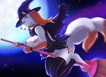  2016 anthro azelyn breasts broom canine cape clothing dog female flying hat husky legwear magic_user mammal moon night nipples pubes red_eyes smile solo stockings tattoo witch witch_hat 