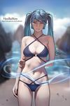  aqua_eyes aqua_hair arm_behind_back artist_name bangs bare_shoulders beach bikini blue_eyes blue_hair blurry blurry_background bokeh breasts breasts_apart cleavage closed_mouth cloud collarbone cowboy_shot day depth_of_field groin halter_top halterneck highres hoo_bamon league_of_legends long_hair medium_breasts midriff navel outdoors pink_lips realistic sky solo sona_buvelle stomach string_bikini swimsuit twintails water watermark web_address 