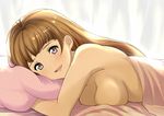  :d bangs bed blanket blunt_bangs breasts brown_hair granblue_fantasy hair_down juliet_(granblue_fantasy) kurosawa_shouichi long_hair looking_at_viewer lying medium_breasts naked_sheet nude on_bed on_stomach open_mouth pillow purple_eyes smile solo 