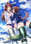  :d ^_^ ass blush bow brave_witches breasts brown_eyes brown_hair closed_eyes cloud day flying hair_bow hair_ornament hairclip highres holding_hands interlocked_fingers karibuchi_hikari karibuchi_takami long_hair long_sleeves looking_at_another medium_breasts military military_uniform multiple_girls naval_uniform old_school_swimsuit one-piece_swimsuit open_mouth school_swimsuit shiny shiny_clothes shiny_hair short_hair siblings sisters sky smile striker_unit swimsuit swimsuit_under_clothes swordsouls tail uniform wind world_witches_series 