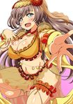  belly_chain blue_eyes blush breasts brown_hair cleavage commentary_request earrings eyebrows eyebrows_visible_through_hair fate/grand_order fate_(series) flower hair_flower hair_ornament hoop_earrings jewelry kani_club large_breasts long_hair looking_at_viewer mata_hari_(fate/grand_order) navel open_mouth sarong shiny shiny_skin simple_background solo white_background 