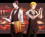  apron bartender black_hair blonde_hair brown_eyes chair cigarette closed_mouth cocktail_shaker collarbone collared_shirt cross cross_earrings cup dress_shirt drinking_glass earrings english facial_hair french gloves goatee hair_slicked_back head_tilt holding jewelry kaiki_deishuu letterboxed long_sleeves looking_at_viewer monogatari_(series) mouth_hold multiple_boys oshino_meme shirt single_earring sleeves_rolled_up smirk table tray uniform vest waist_apron waiter white_gloves white_shirt wine_glass wing_collar yabu_(rx77_2) 