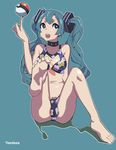  1girl artist_name bad_feet bad_id bad_pixiv_id belly bikini breasts collar eyelashes full_body green_background green_hair hatsune_miku highres holding long_hair looking_up open_mouth outline poke_ball shadow simple_background sitting small_breasts solo spiked_collar spikes spread_legs swimsuit thighs twintails vocaloid white_outline yeedeea 