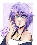  blue_eyes breasts cleavage commentary cum cum_on_body cum_on_breasts cum_on_fingers cum_on_upper_body eyebrows eyebrows_visible_through_hair facial hair_over_one_eye highres jewelry lips looking_at_viewer miss_behaviour necklace purple_hair rosario+vampire shirayuki_mizore short_hair short_shorts shorts smile solo 