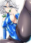  alternate_costume ass blue_eyes blue_leotard bow braid breasts colored_eyelashes covered_navel covered_nipples elbow_gloves frown gloves hair_bow highres impossible_clothes impossible_leotard izayoi_sakuya large_breasts latex legs leotard looking_at_viewer maid_headdress navel pantyhose ribbon shiny shiny_clothes shiny_hair shiny_skin short_hair sideboob silver_hair simple_background sketch skin_tight solo spread_legs tajima_yuuki thick_thighs thighs touhou twin_braids white_background 