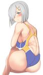  ass blue_eyes blush body_blush breasts competition_swimsuit from_behind hair_ornament hair_over_one_eye hairclip hamakaze_(kantai_collection) kantai_collection large_breasts looking_back one-piece_swimsuit sideboob silver_hair simple_background sitting solo swimsuit untsue white_background work_in_progress 