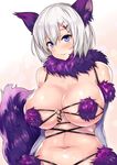  animal_costume animal_ears bare_shoulders blue_eyes breasts commentary_request cosplay dangerous_beast elbow_pads eyebrows eyebrows_visible_through_hair fate/grand_order fate_(series) hair_between_eyes hair_ornament hairclip halloween_costume hamakaze_(kantai_collection) highres huge_breasts kantai_collection look-alike looking_at_viewer mash_kyrielight mash_kyrielight_(cosplay) navel sankakusui shiny shiny_hair shiny_skin short_hair silver_hair simple_background solo tail white_background wolf_ears 