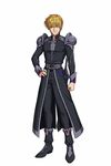  1boy banpresto belt black_jacket blonde_hair boots coat elan_zenosakis full_body hand_on_hip jacket male_focus official_art pauldrons scabbard sheathed_sword simple_background solo super_robot_wars super_robot_wars_the_lord_of_elemental sword weapon 