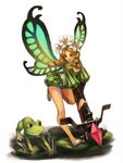  blonde_hair bodysuit bow_(weapon) braid butterfly_wings crossbow crystal fairy flower frog hair_flower hair_ornament head_wreath highres ingway_(odin_sphere) leg_lift long_hair mercedes minigirl odin_sphere open_mouth red_eyes running shoes short_shorts shorts takemiya_09 twin_braids twintails weapon wings 