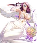  bare_shoulders bouquet breasts dress elbow_gloves flower gloves highres holding holding_weapon jewelry kagami_hirotaka knife large_breasts lipstick looking_away makeup oboro_(taimanin_asagi) purple_hair short_hair simple_background smile solo taimanin_(series) taimanin_asagi veil weapon wedding_dress white_background 