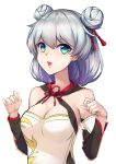  1girl absurdres alternate_hairstyle blue_eyes breasts cleavage commentary_request double_bun eyebrows_visible_through_hair hair_between_eyes hair_ribbon highres honkai_(series) honkai_impact_3 long_hair long_sleeves looking_at_viewer medium_breasts open_mouth ribbon silver_hair solo theresa_apocalypse upper_body white_background wo_cai_bushi_zhushou 