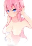  :o barefoot blue_eyes breasts collarbone from_above hand_in_hair highres long_hair looking_at_viewer medium_breasts navel nipples nude original perspective pink_hair pon_(shind_997) simple_background solo wet white_background 