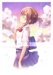  blue_skirt bow bowtie brown_eyes brown_hair chihiro_(khorosho) cloud from_side hair_between_eyes hair_ribbon highres kimi_no_na_wa looking_up miyamizu_mitsuha pleated_skirt red_bow red_ribbon ribbon school_uniform shirt short_hair skirt solo tears tied_hair white_shirt 