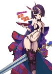  black_hair breasts fate/grand_order fate_(series) hair_ornament highres horns japanese_clothes jehyun navel oni short_hair shuten_douji_(fate/grand_order) small_breasts solo sword thighhighs weapon 