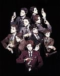  amari_(joker_game) black_background black_hair card everyone formal fukumoto_(joker_game) hatano_(joker_game) highres jitsui_(joker_game) joker_game kaminaga_(joker_game) katana miwa_shirou miyoshi_(joker_game) necktie odagiri_(joker_game) official_art sakuma_(joker_game) scan short_hair suit sword tazaki_(joker_game) weapon 