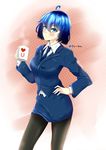  blue_hair blue_suit coffee coffee_mug cup formal highres keikyu_(tiltedcube) miniskirt mug necktie original pantyhose short_hair simple_background skirt smile suit thighhighs 